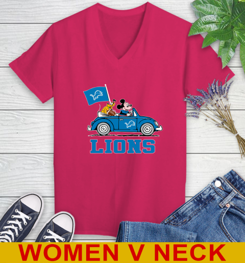 NFL Football Detroit Lions Pluto Mickey Driving Disney Shirt Women's V-Neck T-Shirt 10