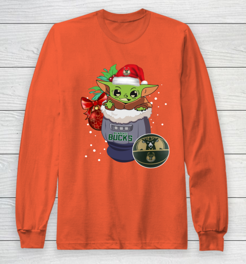 Milwaukee Bucks Christmas Baby Yoda Star Wars Funny Happy NBA Long Sleeve T-Shirt 5