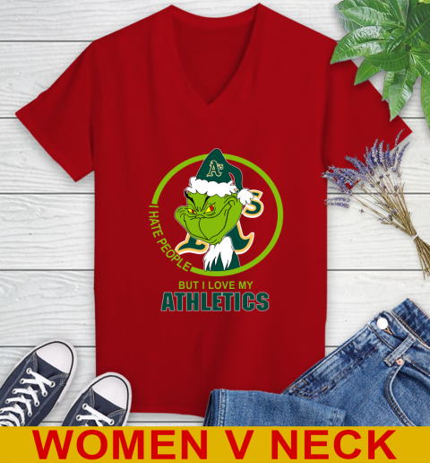 Oakland Athletics MLB Christmas Grinch I Hate People But I Love My Favorite Baseball Team Women's V-Neck T-Shirt 12