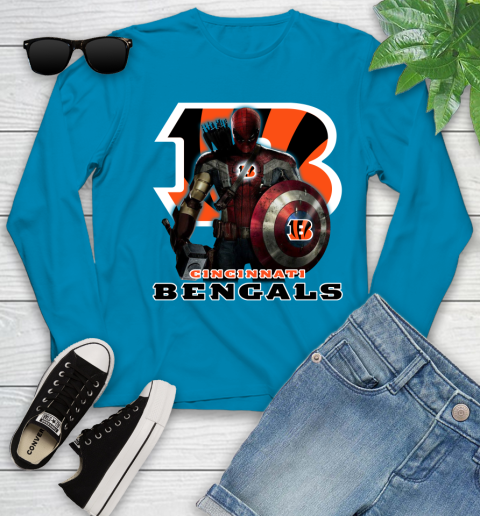 NFL Captain America Thor Spider Man Hawkeye Avengers Endgame Football Cincinnati Bengals Youth Long Sleeve 7