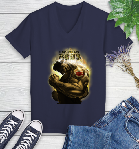 Cincinnati Reds MLB Baseball Hulk Marvel Avengers Sports Women's V-Neck T-Shirt 12