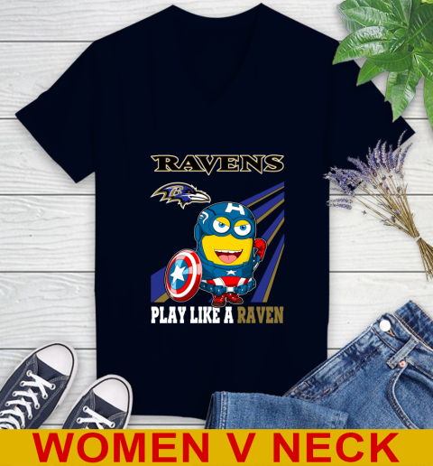 NFL Football Baltimore Ravens Captain America Marvel Avengers Minion Shirt Women's V-Neck T-Shirt 2