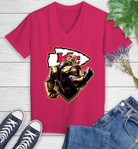 NFL Thanos Avengers Endgame Football Sports Kansas City Chiefs Women's V-Neck T-Shirt 9