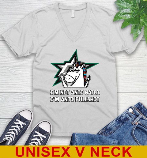 Dallas Stars NHL Hockey Unicorn I'm Not Anti Hater I'm Anti Bullshit V-Neck T-Shirt