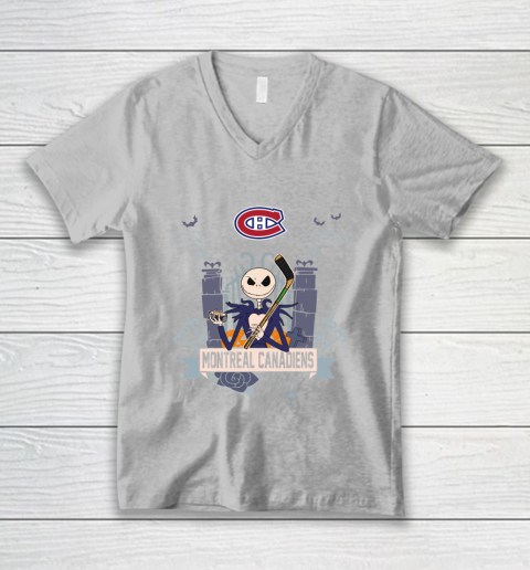 NHL Montreal Canadiens Hockey Jack Skellington Halloween V-Neck T-Shirt 3