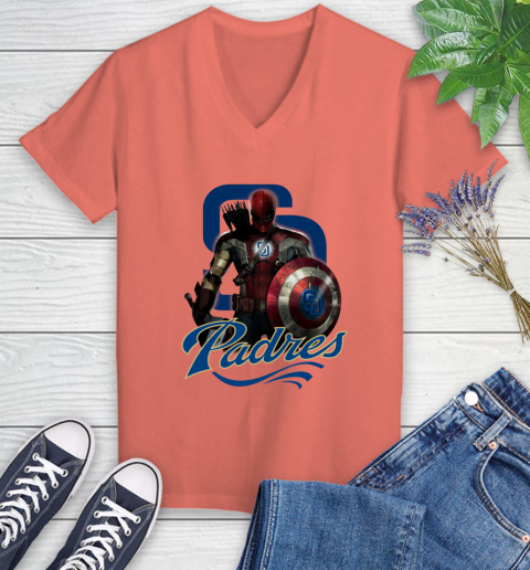 MLB Captain America Thor Spider Man Hawkeye Avengers Endgame Baseball San Diego Padres Women's V-Neck T-Shirt 6