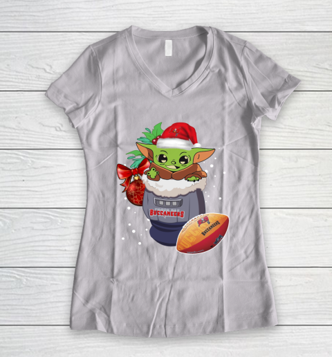 Tampa Bay Buccaneers Christmas Baby Yoda Star Wars Funny Happy NFL Women's V-Neck T-Shirt 2