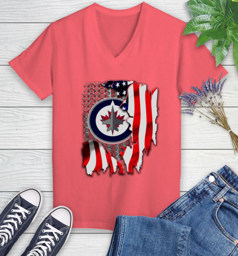 Winnipeg Jets NHL Hockey American Flag Women's V-Neck T-Shirt 6