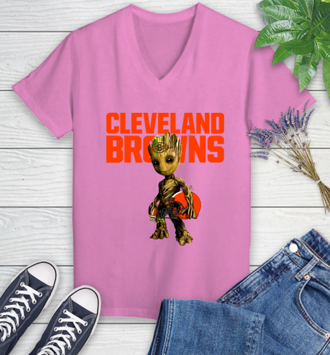 Cleveland Browns NFL Football Groot Marvel Guardians Of The Galaxy Women's V-Neck T-Shirt 14