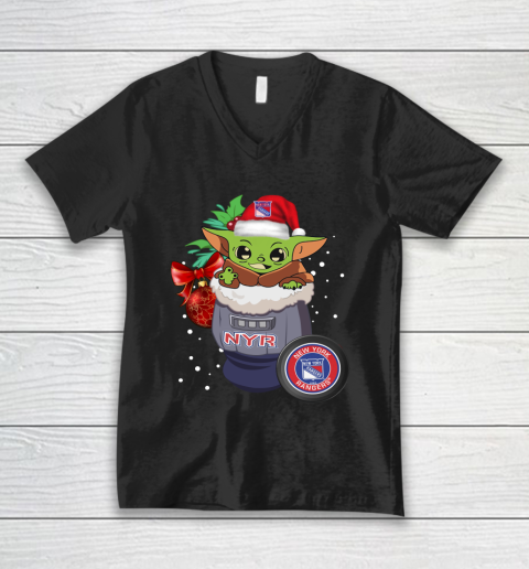New York Rangers Christmas Baby Yoda Star Wars Funny Happy NHL V-Neck T-Shirt