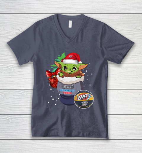 Oklahoma City Thunder Christmas Baby Yoda Star Wars Funny Happy NBA V-Neck T-Shirt 8