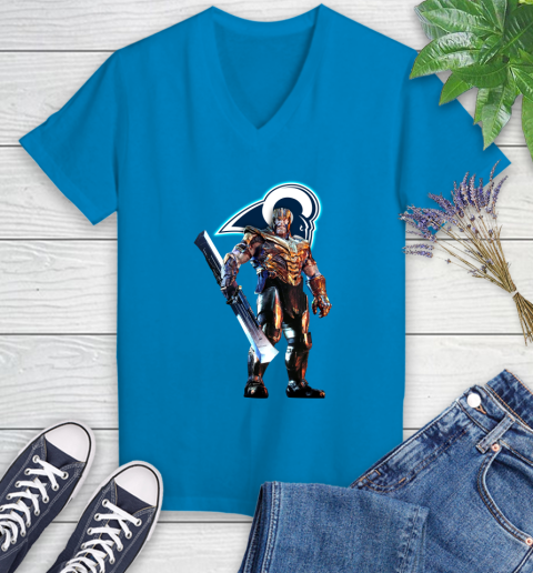 NFL Thanos Gauntlet Avengers Endgame Football Los Angeles Rams Women's V-Neck T-Shirt 7
