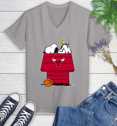 Chicago Bulls NBA Basketball Snoopy Woodstock The Peanuts Movie Women's V-Neck T-Shirt 4