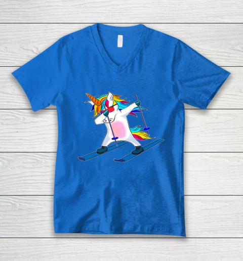Skiing Unicorn Dabbing Funny Gift V-Neck T-Shirt 6