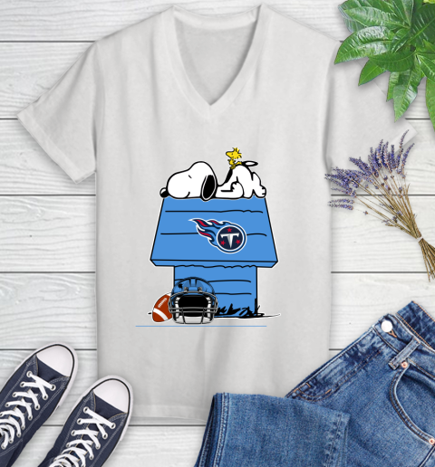 Tennessee Titans NFL Football Snoopy Woodstock The Peanuts Movie Women's V-Neck T-Shirt