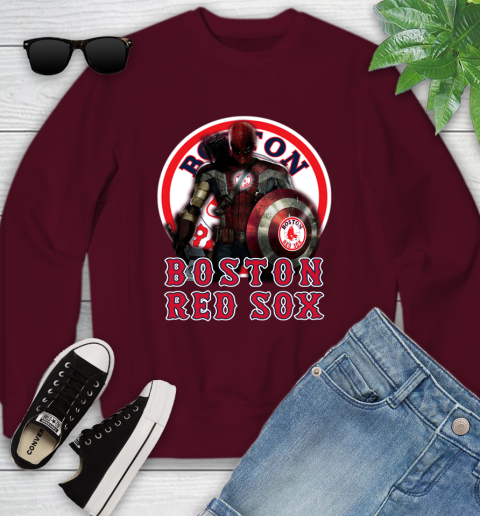 MLB Captain America Thor Spider Man Hawkeye Avengers Endgame Baseball Boston Red Sox Youth Sweatshirt 5