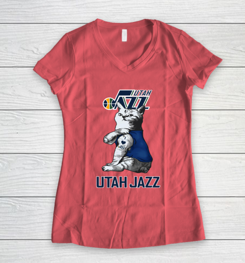 NBA Basketball My Cat Loves Utah Jazz Women's V-Neck T-Shirt 4