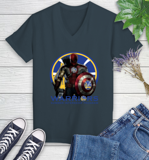 Golden State Warriors NBA Basketball Captain America Thor Spider Man Hawkeye Avengers Women's V-Neck T-Shirt 8