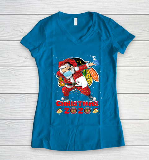 Chicago Blackhawks Funny Santa Claus Dabbing Christmas 2020 NHL Women's V-Neck T-Shirt 5