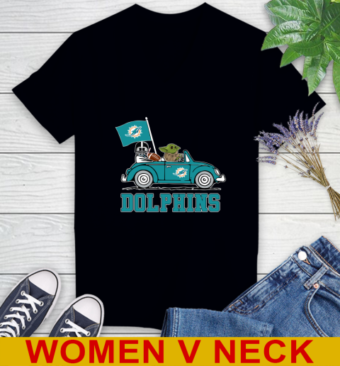 NFL Football Miami Dolphins Darth Vader Baby Yoda Driving Star Wars Shirt Women's V-Neck T-Shirt 2
