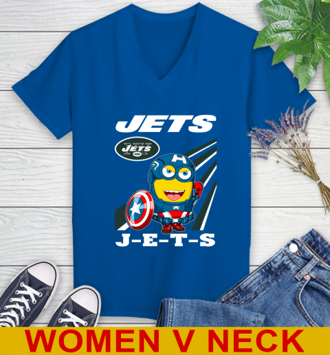 NFL Football New York Jets Captain America Marvel Avengers Minion Shirt Women's V-Neck T-Shirt 9