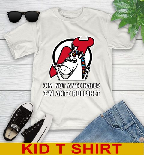 New Jersey Devils NHL Hockey Unicorn I'm Not Anti Hater I'm Anti Bullshit Youth T-Shirt