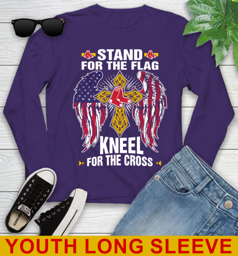 MLB Baseball Boston Red Sox Stand For Flag Kneel For The Cross Shirt Youth Long Sleeve - Image 5