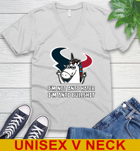 Houston Texans NFL Football Unicorn I'm Not Anti Hater I'm Anti Bullshit V-Neck T-Shirt