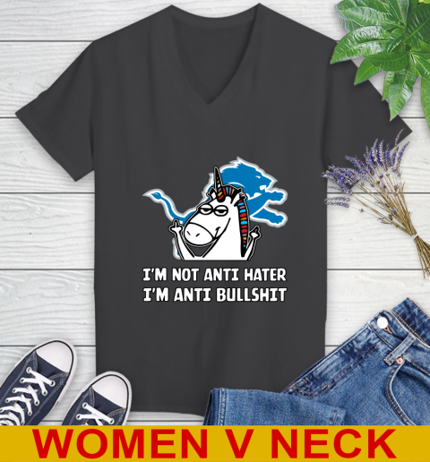 Detroit Lions NFL Football Unicorn I'm Not Anti Hater I'm Anti Bullshit Women's V-Neck T-Shirt 9