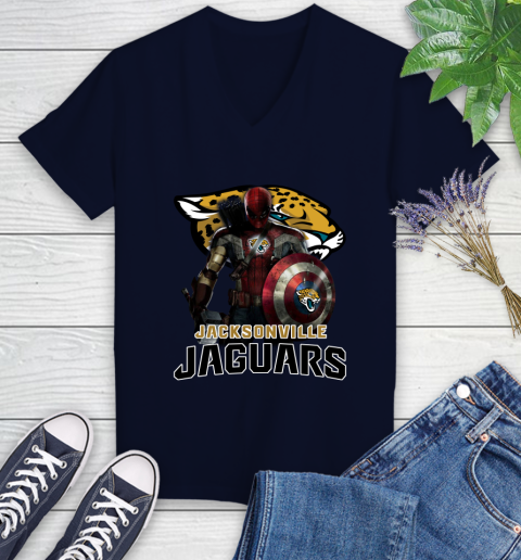 NFL Captain America Thor Spider Man Hawkeye Avengers Endgame Football Jacksonville Jaguars Women's V-Neck T-Shirt 3
