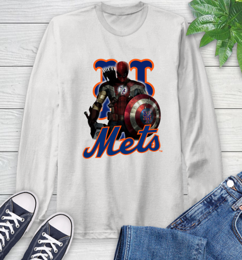 MLB Captain America Thor Spider Man Hawkeye Avengers Endgame Baseball New York Mets Long Sleeve T-Shirt