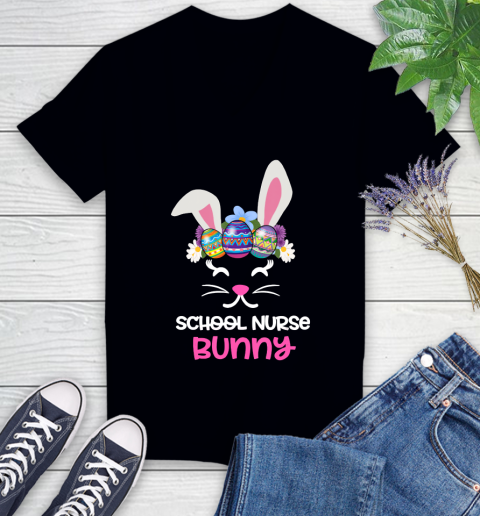 Nurse Shirt Cute School Nurse Bunny Face Egg Costume Easter Day T Shirt Women's V-Neck T-Shirt