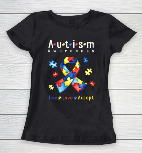Live Love Accept Autism Awareness Month Ribbon Puzzle Women's T-Shirt