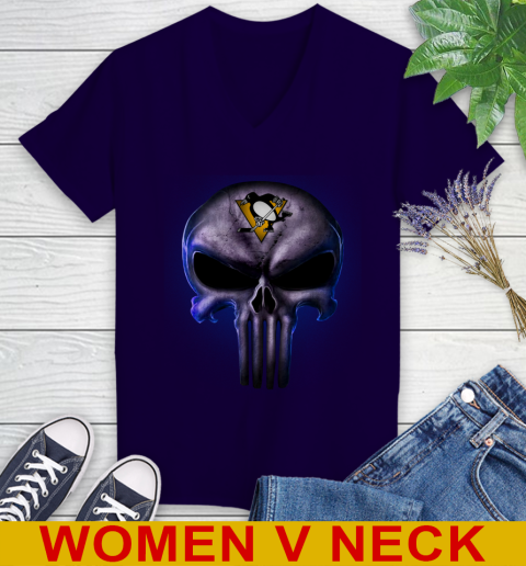 Pittsburgh Penguins NHL Hockey Punisher Skull Sports Women's V-Neck T-Shirt 3