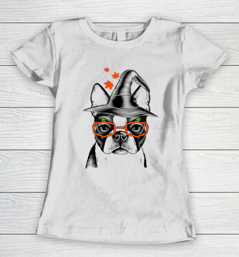 Cute Boston Terrier Witch Pumpkin Fall Halloween Dog Women's T-Shirt