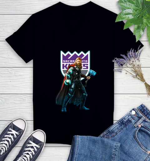 NBA Thor Avengers Endgame Basketball Sacramento Kings Women's V-Neck T-Shirt 2