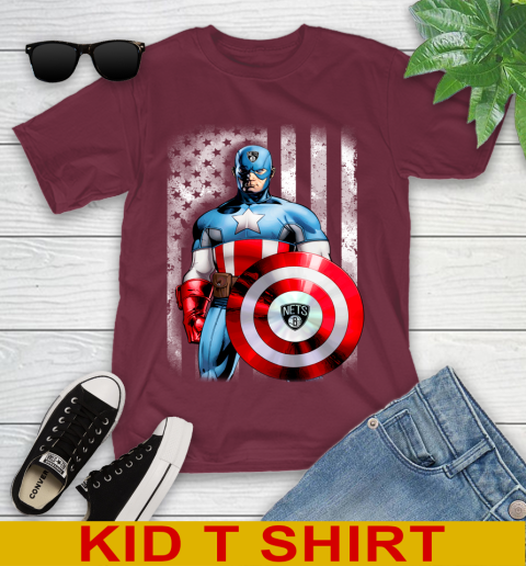 Brooklyn Nets NBA Basketball Captain America Marvel Avengers American Flag Shirt Youth T-Shirt 5