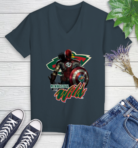NHL Captain America Thor Spider Man Hawkeye Avengers Endgame Hockey Minnesota Wild Women's V-Neck T-Shirt 8