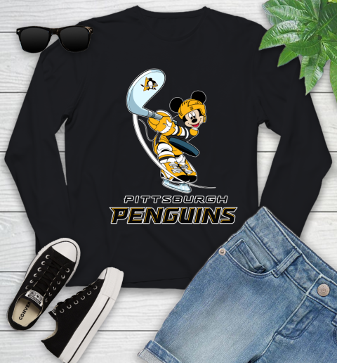 NHL Hockey Pittsburgh Penguins Cheerful Mickey Mouse Shirt Youth Long Sleeve
