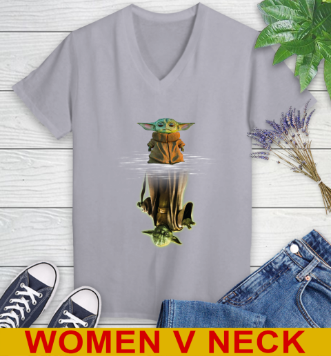 Mandalorian Baby Yoda star wars water reflection Women's V-Neck T-Shirt 4