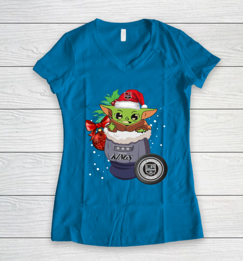 Los Angeles Kings Christmas Baby Yoda Star Wars Funny Happy NHL Women's V-Neck T-Shirt 7