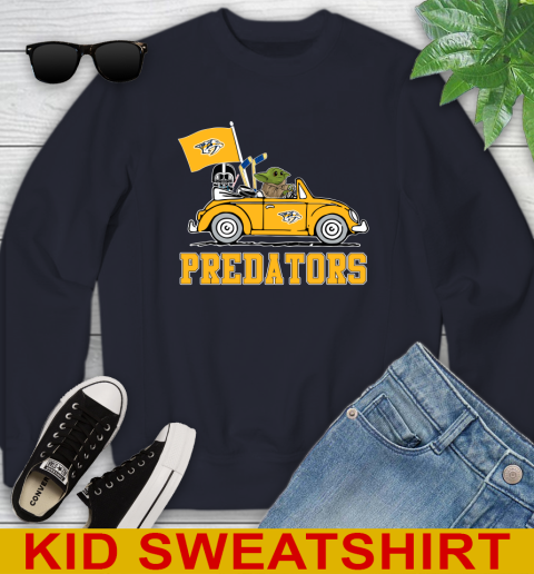 NHL Hockey Nashville Predators Darth Vader Baby Yoda Driving Star Wars Shirt Youth Sweatshirt 3