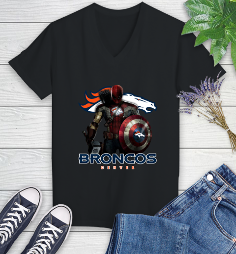 NFL Captain America Thor Spider Man Hawkeye Avengers Endgame Football Denver Broncos Women's V-Neck T-Shirt 2