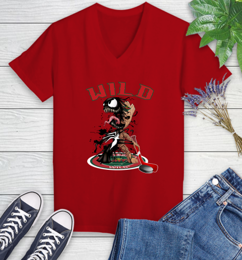NHL Minnesota Wild Hockey Venom Groot Guardians Of The Galaxy Women's V-Neck T-Shirt 12