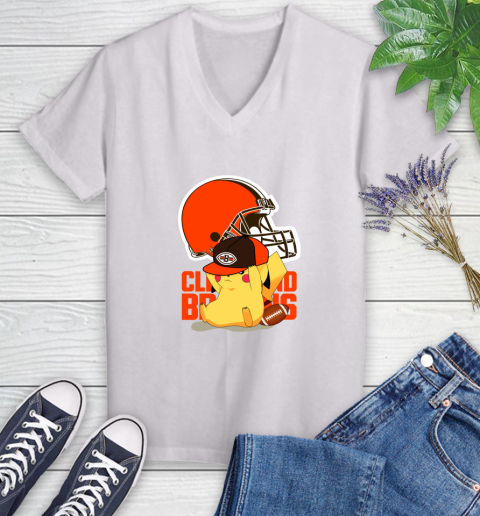 NFL Pikachu Football Sports Cleveland Browns Women's V-Neck T-Shirt