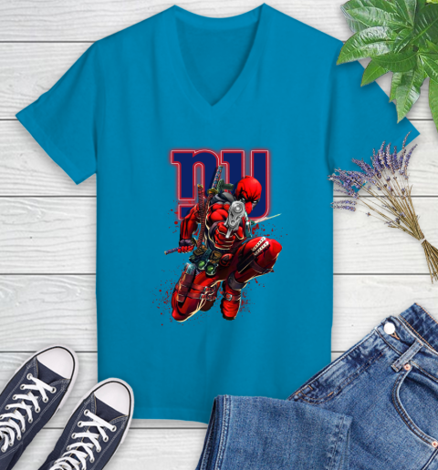 NFL Deadpool Marvel Comics Sports Football New York Giants Women's V-Neck T-Shirt 7