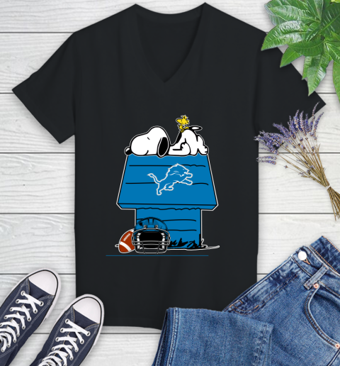 Detroit Lions NFL Football Snoopy Woodstock The Peanuts Movie Women's V-Neck T-Shirt 2